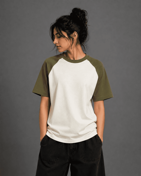 Olive Green Off White  Unisex Oversized Raglan